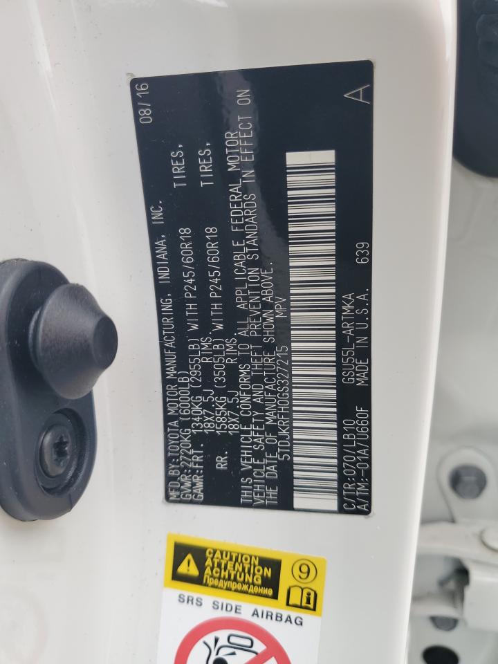 2016 Toyota Highlander Xle VIN: 5TDJKRFH0GS327215 Lot: 82236685