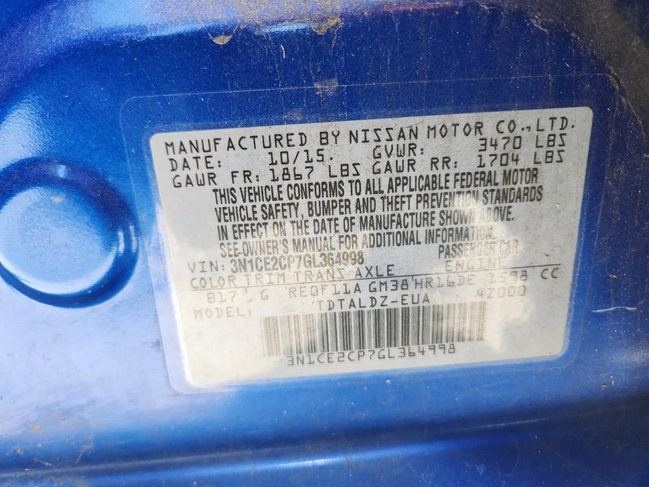 2016 Nissan Versa Note S VIN: 3N1CE2CP7GL364998 Lot: 82432595