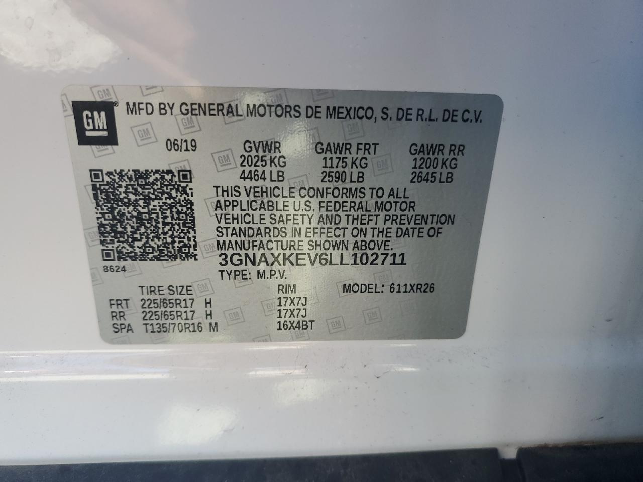 2020 Chevrolet Equinox Lt VIN: 3GNAXKEV6LL102711 Lot: 86238375