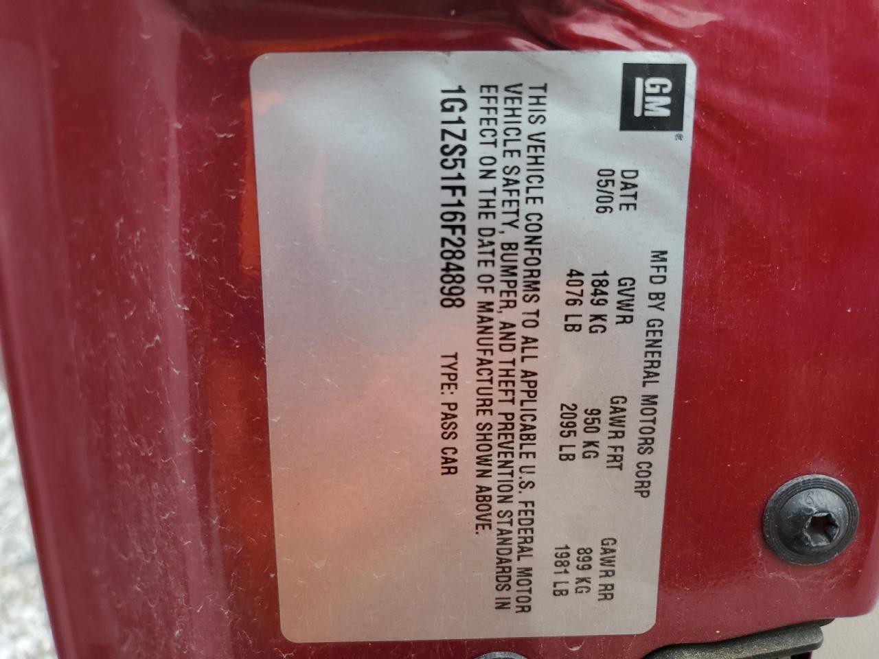 2006 Chevrolet Malibu Ls VIN: 1G1ZS51F16F284898 Lot: 82754055