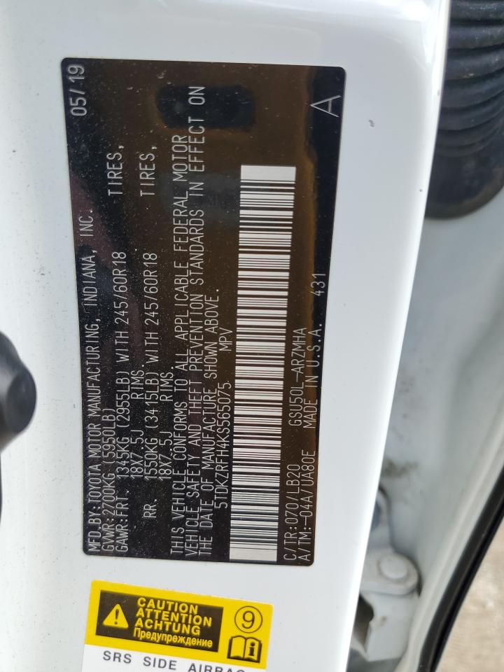 2019 Toyota Highlander Se VIN: 5TDKZRFH4KS565075 Lot: 84639795