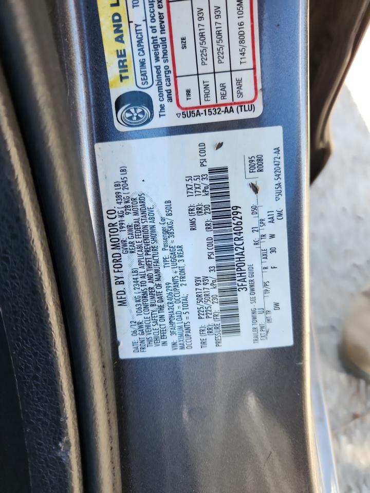 2012 Ford Fusion Se VIN: 3FAHP0HA2CR406299 Lot: 89885935