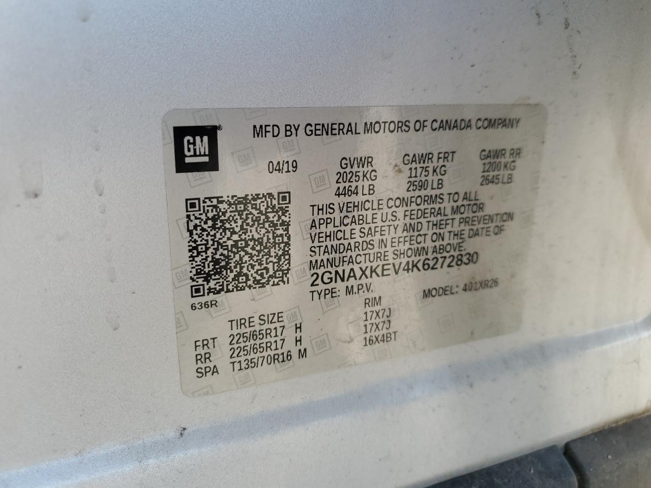 2019 Chevrolet Equinox Lt VIN: 2GNAXKEV4K6272830 Lot: 71808175