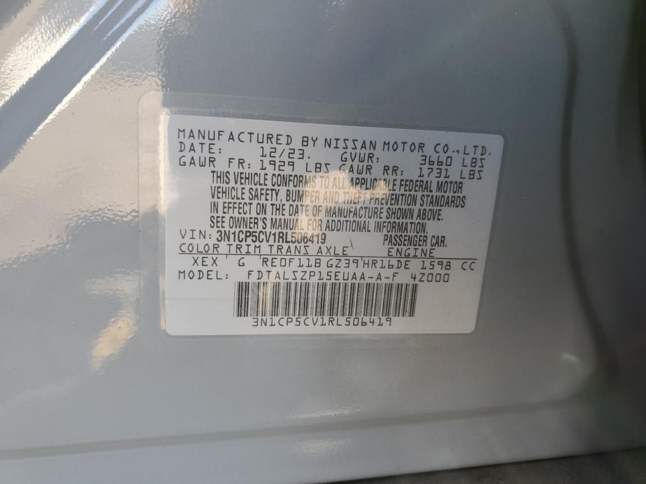 2024 Nissan Kicks Sv VIN: 3N1CP5CV1RL506419 Lot: 84522505