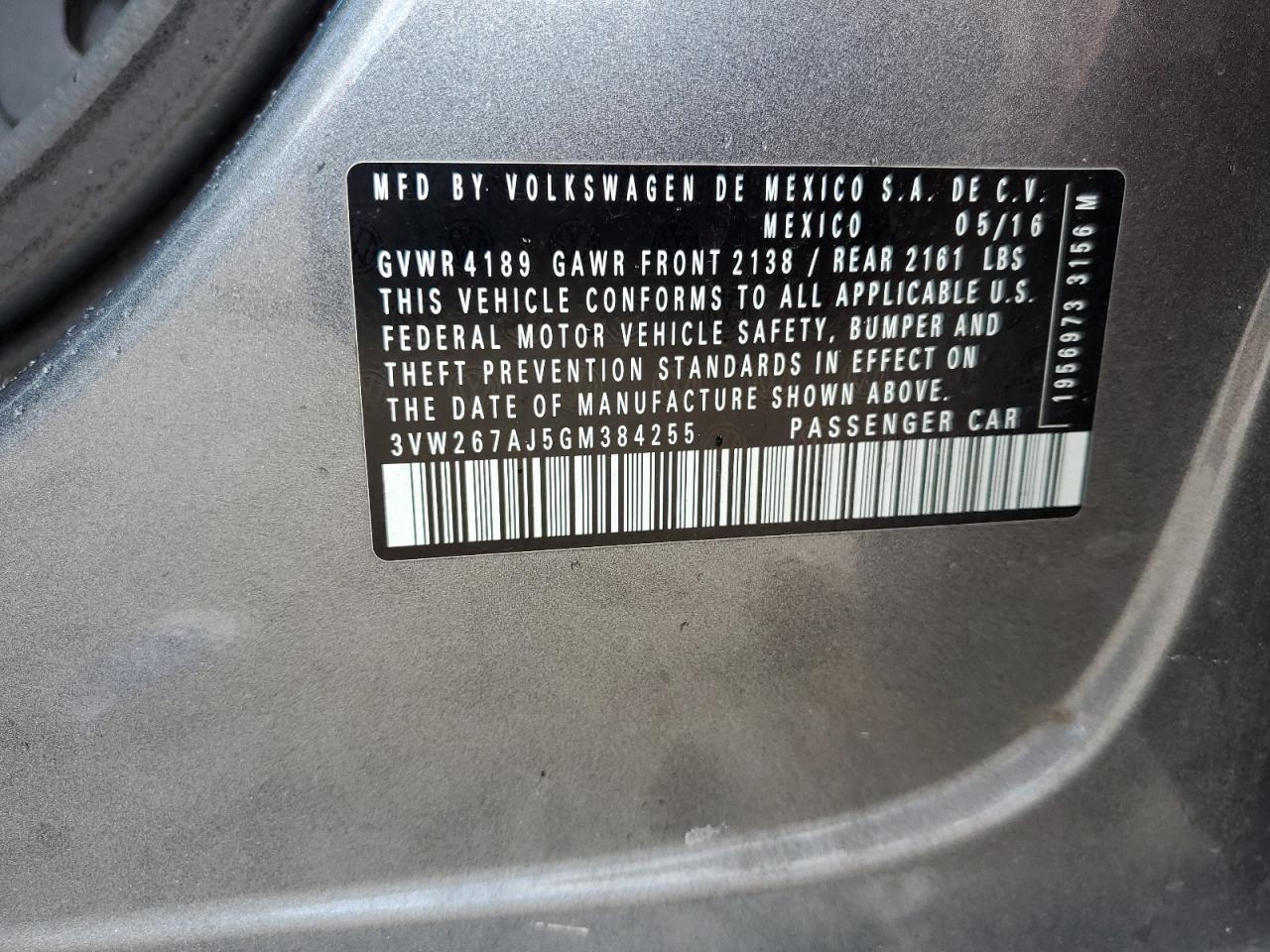 2016 Volkswagen Jetta S VIN: 3VW267AJ5GM384255 Lot: 85545735