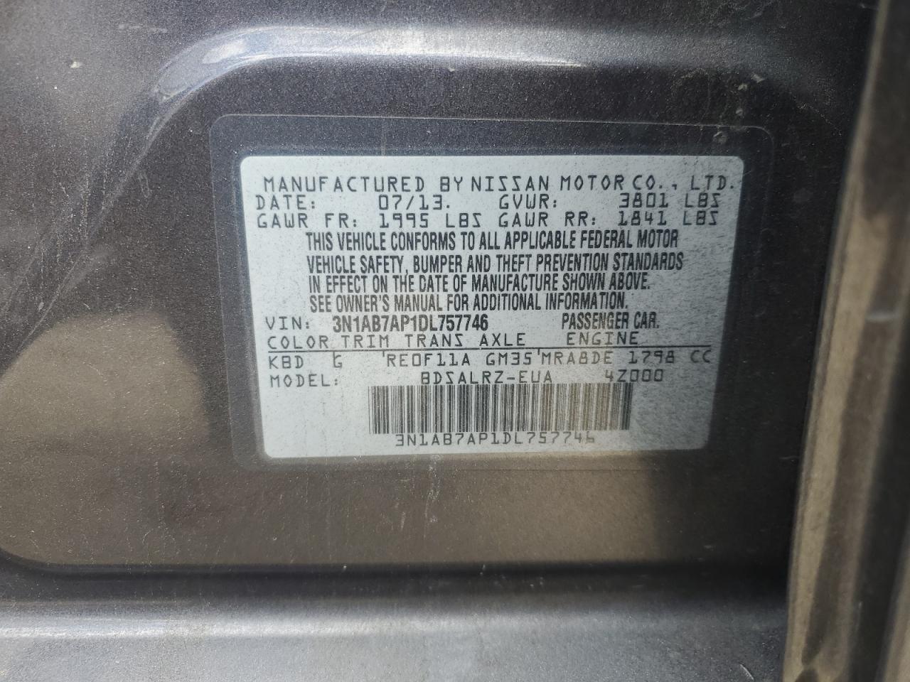 2013 Nissan Sentra S VIN: 3N1AB7AP1DL757746 Lot: 86445545