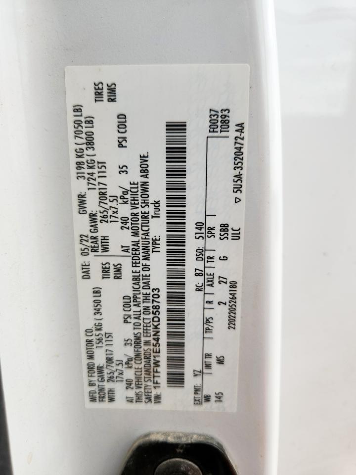 2022 Ford F150 Supercrew VIN: 1FTFW1E54NKD58703 Lot: 85115325