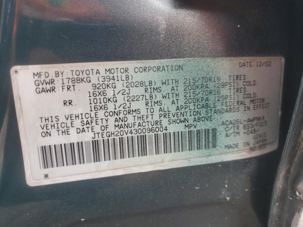 2003 Toyota Rav4 VIN: JTEGH20V430096004 Lot: 86074905