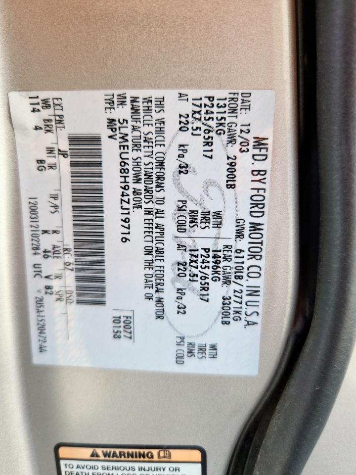 2004 Lincoln Aviator VIN: 5LMEU68H94ZJ19716 Lot: 85882105