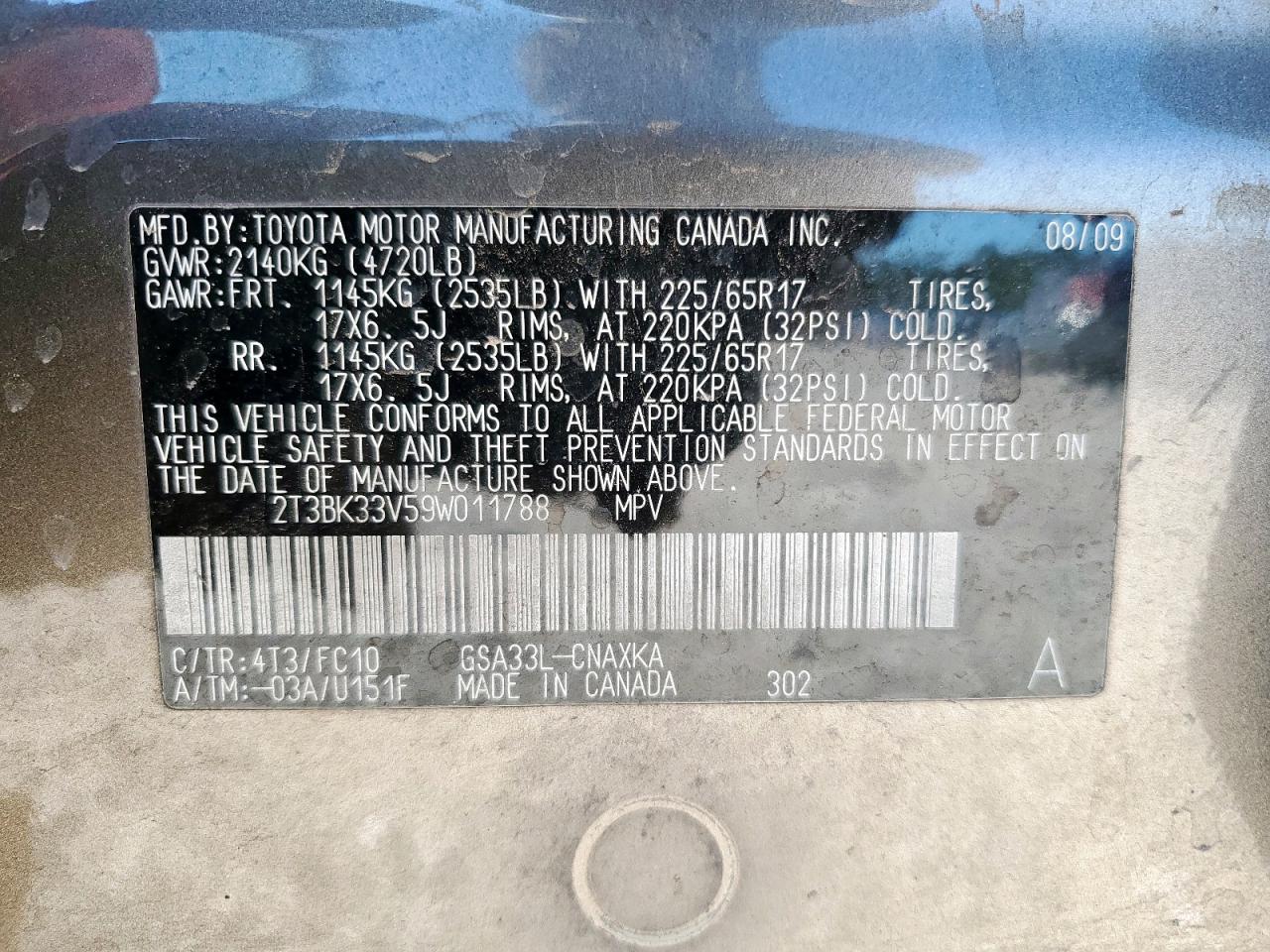 2009 Toyota Rav4 VIN: 2T3BK33V59W011788 Lot: 90940115