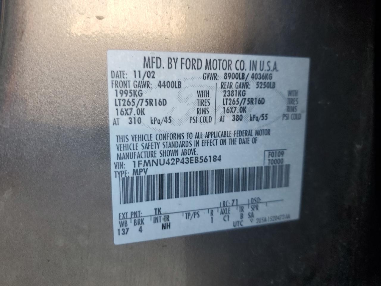 2003 Ford Excursion Limited VIN: 1FMNU42P43EB56184 Lot: 90111935