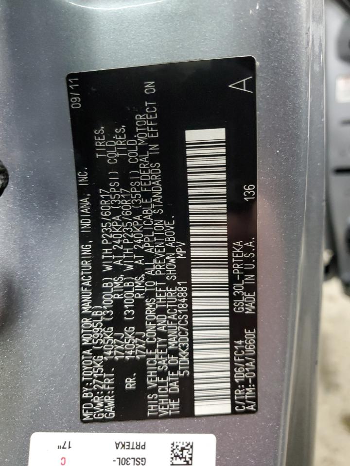 2012 Toyota Sienna Le VIN: 5TDKK3DC7CS184881 Lot: 82403905