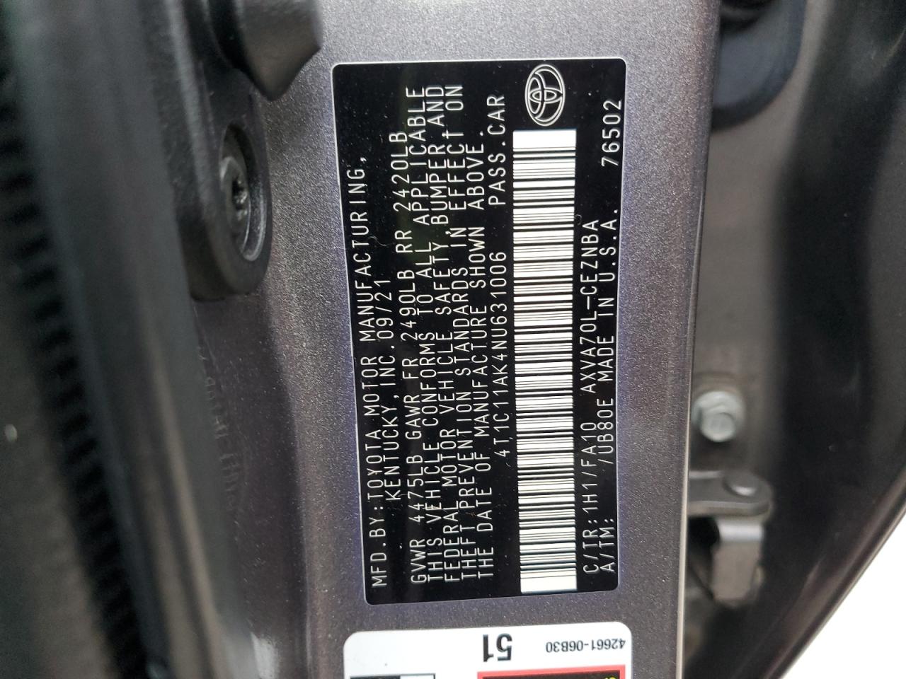 2022 Toyota Camry Le VIN: 4T1C11AK4NU631006 Lot: 90279685