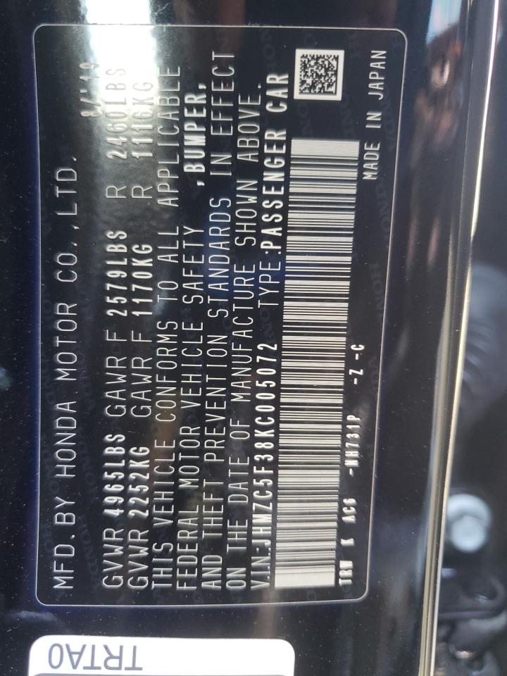 2019 Honda Clarity Touring VIN: JHMZC5F38KC005072 Lot: 85333965