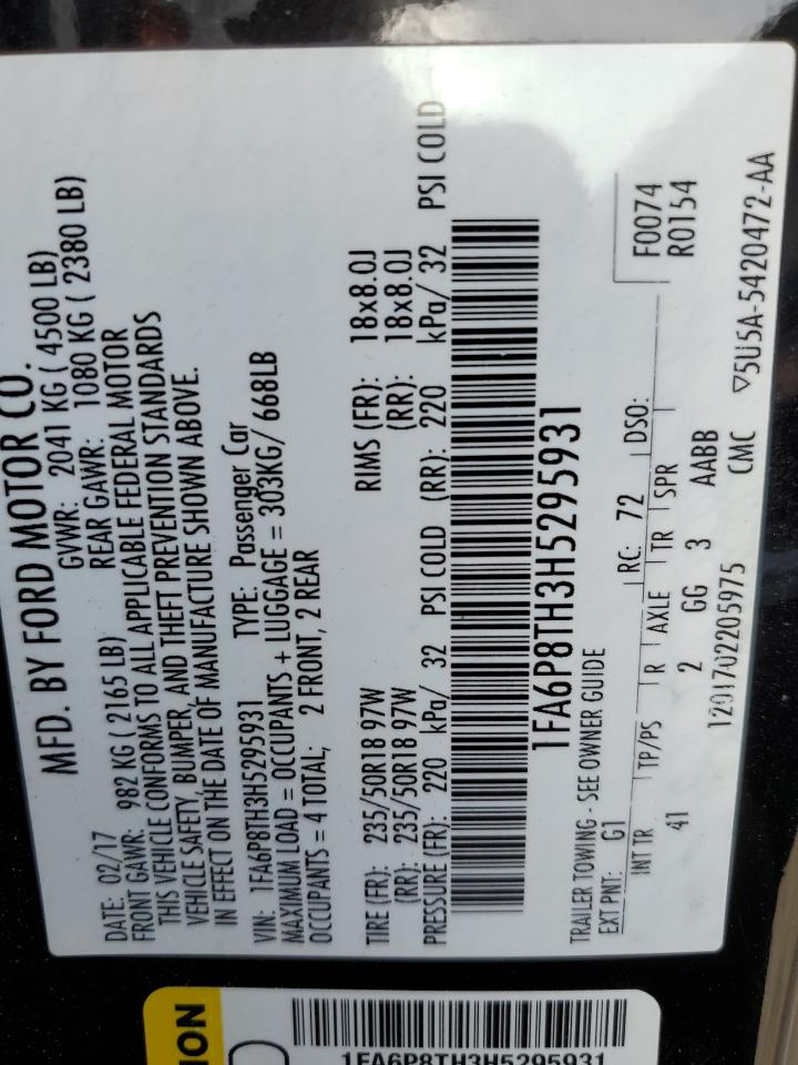 2017 Ford Mustang VIN: 1FA6P8TH3H5295931 Lot: 90392885