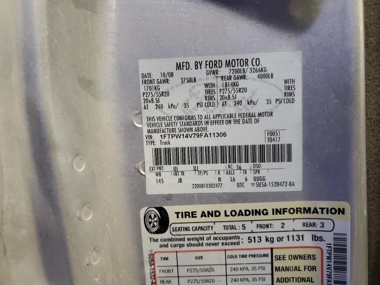 2009 Ford F150 Supercrew VIN: 1FTPW14V79FA11306 Lot: 87307955