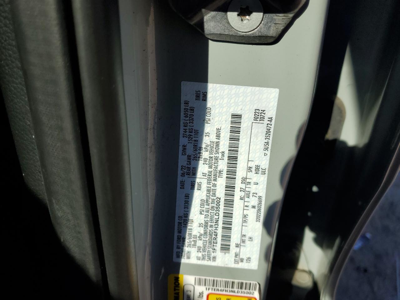 2022 Ford Ranger Xl VIN: 1FTER4FH3NLD35002 Lot: 87067935