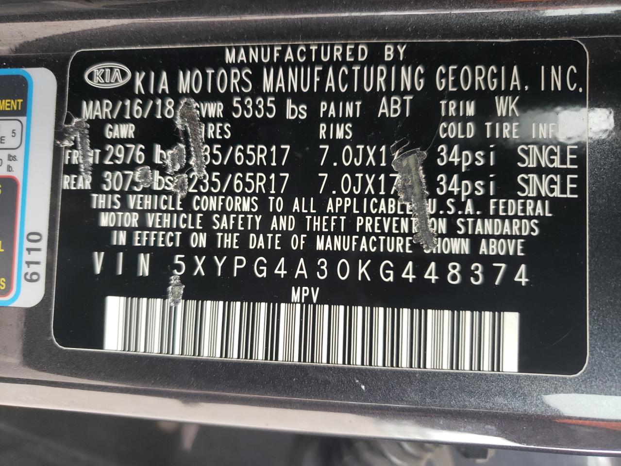 2019 Kia Sorento L VIN: 5XYPG4A30KG448374 Lot: 86607615