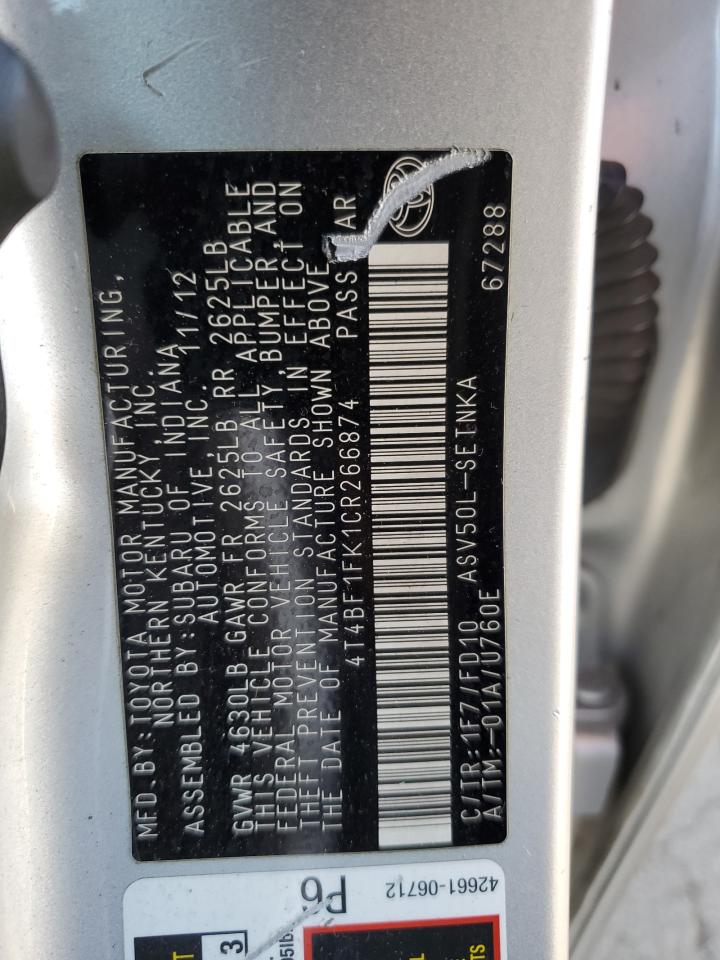 2012 Toyota Camry Base VIN: 4T4BF1FK1CR266874 Lot: 81889325