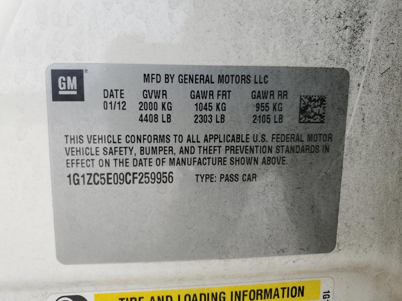 2012 Chevrolet Malibu 1Lt VIN: 1G1ZC5E09CF259956 Lot: 86124735