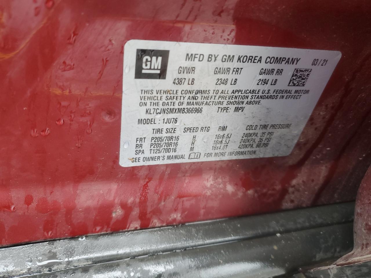 2021 Chevrolet Trax Ls VIN: KL7CJNSMXMB366966 Lot: 85510705