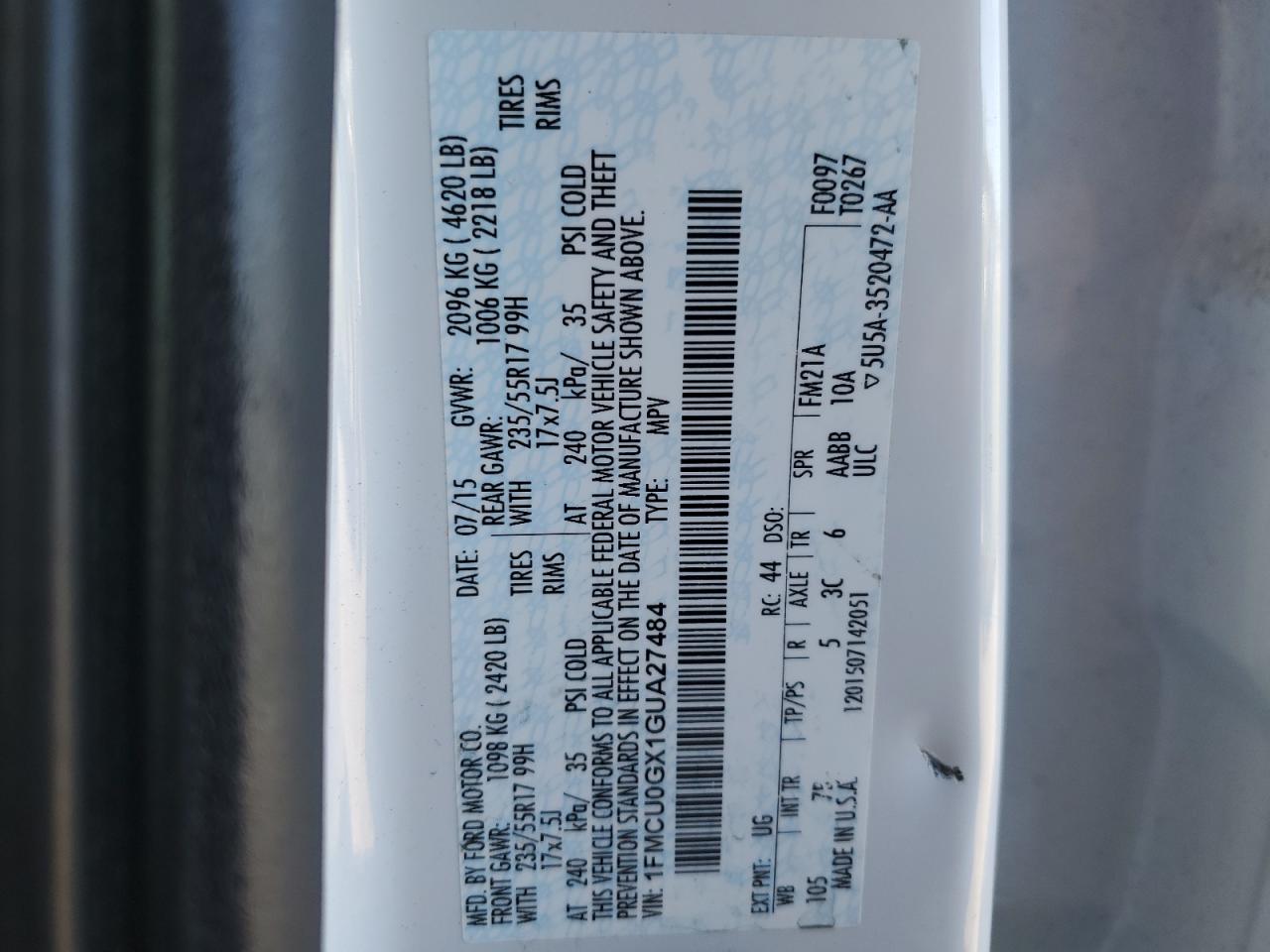 2016 Ford Escape Se VIN: 1FMCU0GX1GUA27484 Lot: 86666685