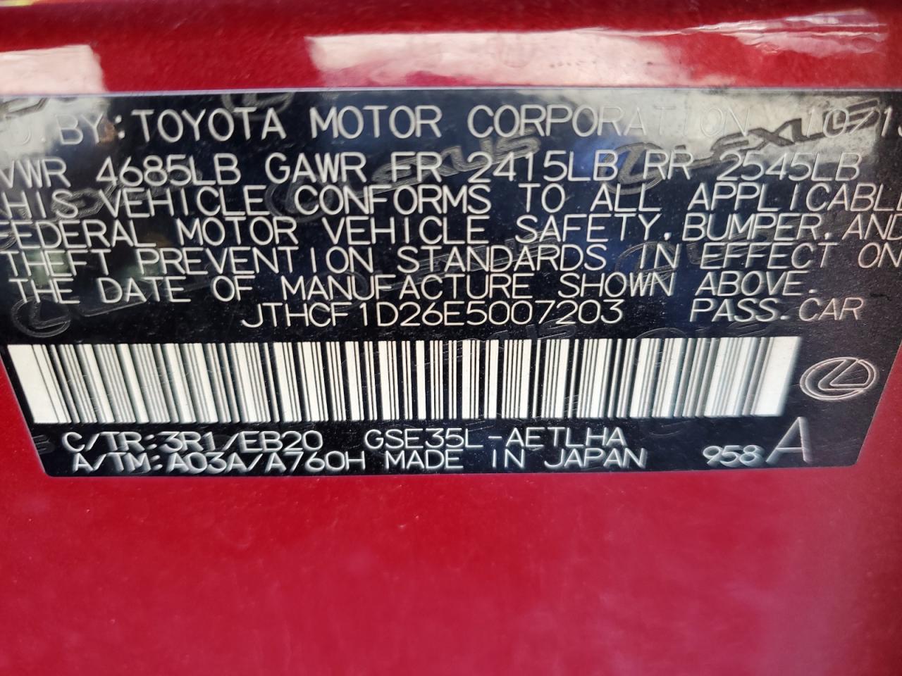 2014 Lexus Is 250 VIN: JTHCF1D26E5007203 Lot: 87435415