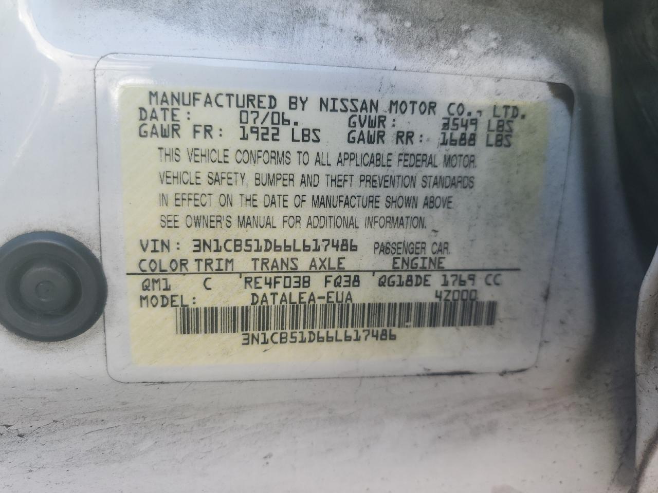 2006 Nissan Sentra 1.8 VIN: 3N1CB51D66L617486 Lot: 82243645