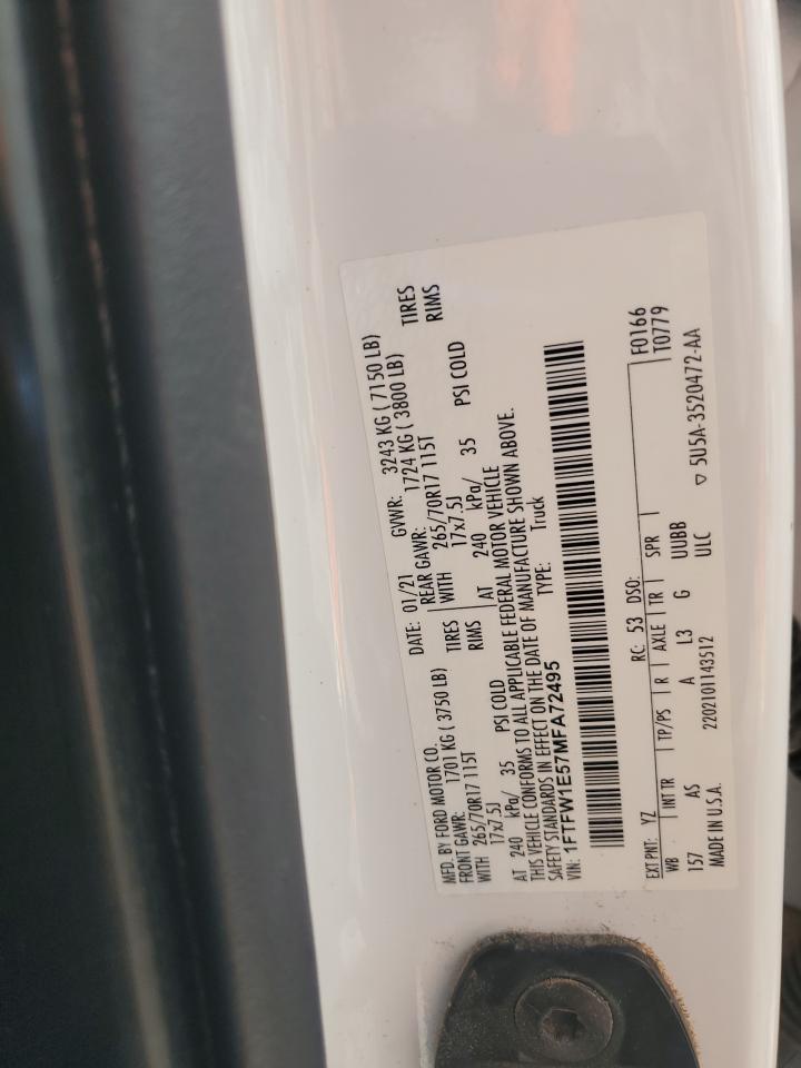 2021 Ford F150 Supercrew VIN: 1FTFW1E57MFA72495 Lot: 90499395