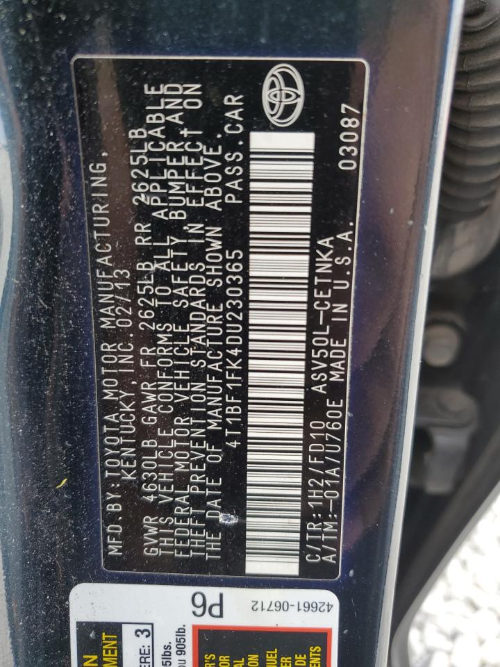2013 Toyota Camry L VIN: 4T1BF1FK4DU230365 Lot: 85493315