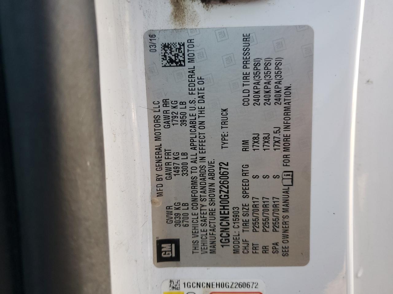 2016 Chevrolet Silverado C1500 VIN: 1GCNCNEH0GZ260672 Lot: 82302395