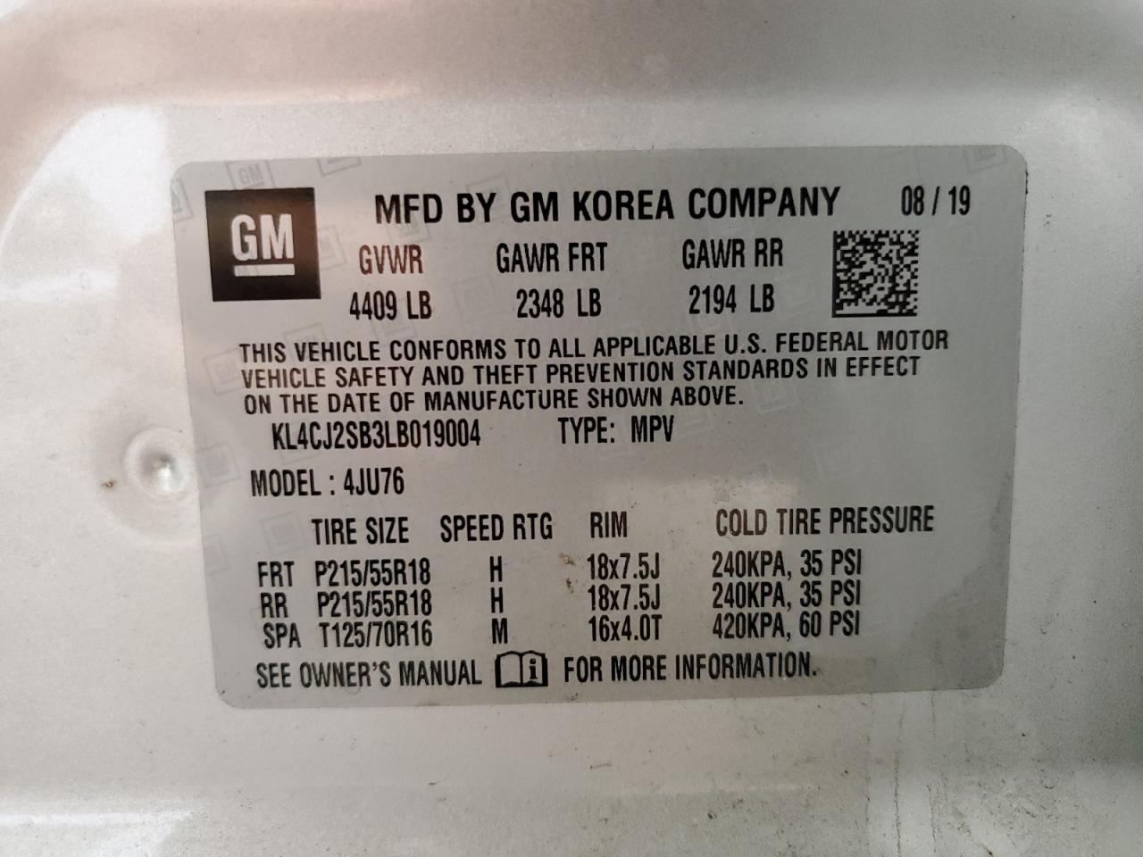 2020 Buick Encore Sport Touring VIN: KL4CJ2SB3LB019004 Lot: 90860475