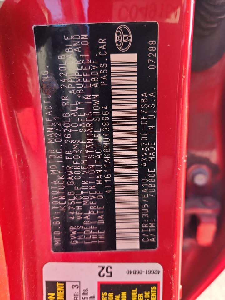 2021 Toyota Camry Se VIN: 4T1G11AK8MU438664 Lot: 85600675