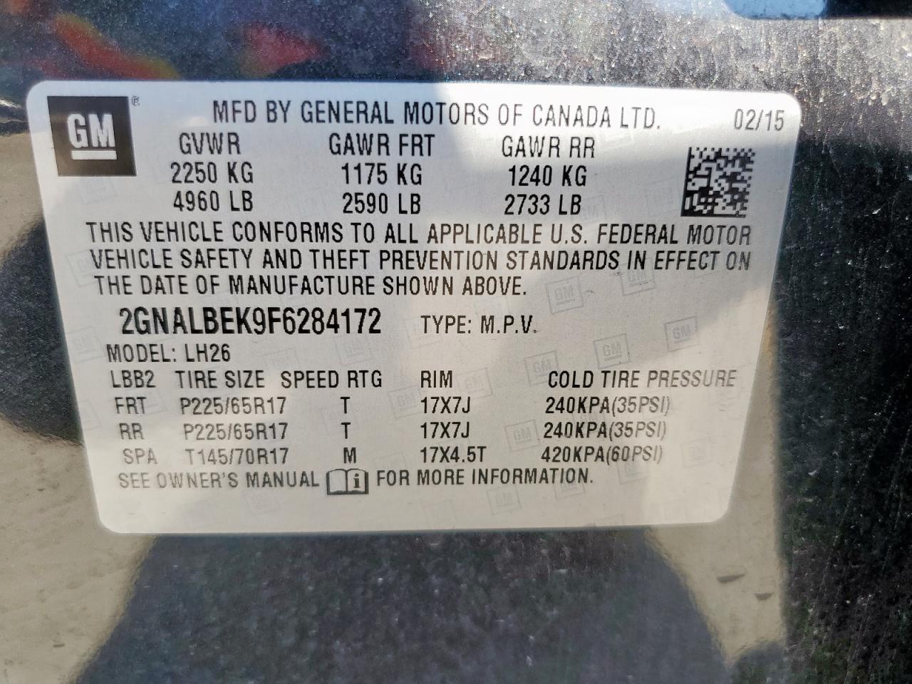 2015 Chevrolet Equinox Lt VIN: 2GNALBEK9F6284172 Lot: 82199455