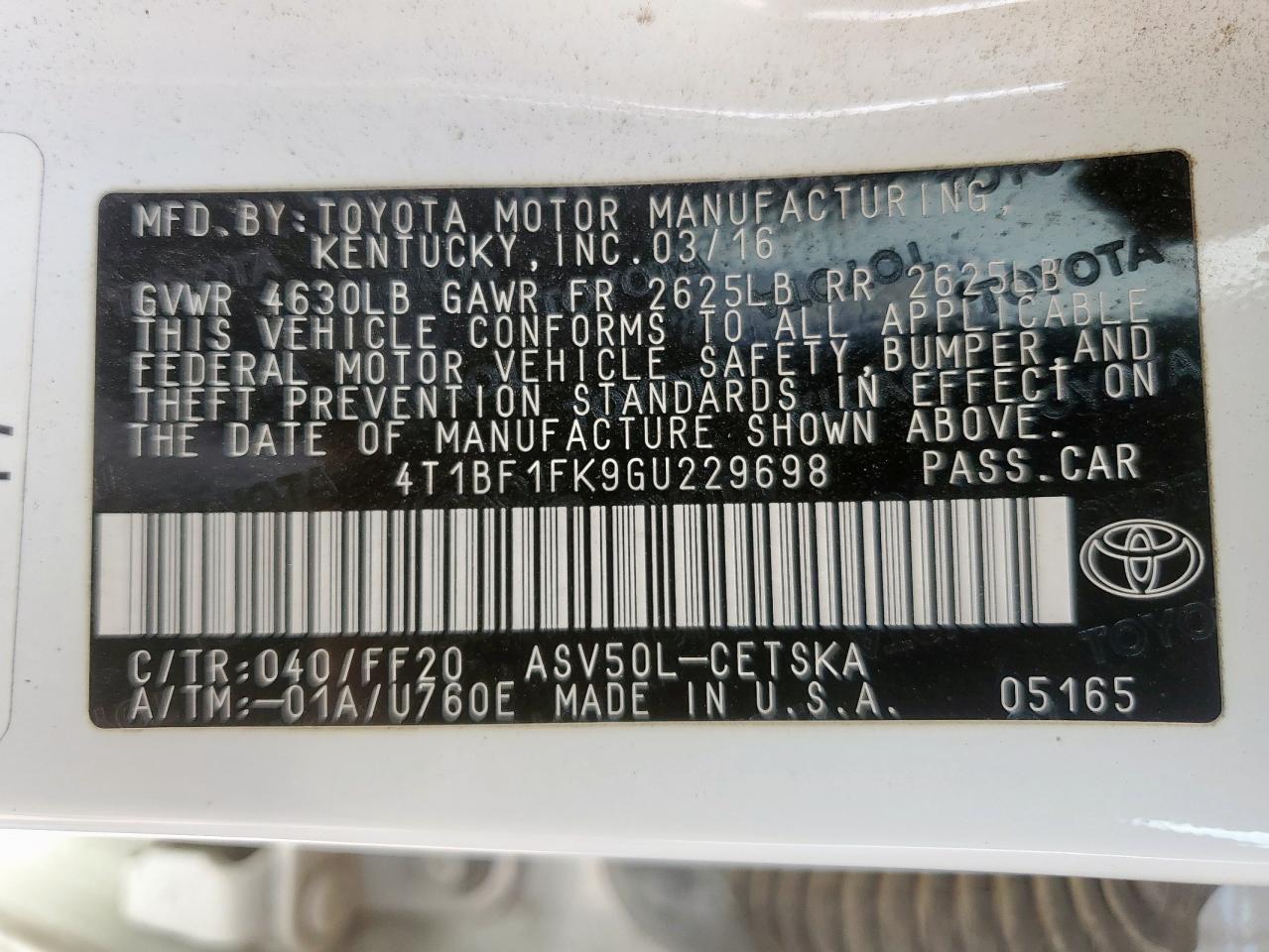 2016 Toyota Camry Le VIN: 4T1BF1FK9GU229698 Lot: 82148815