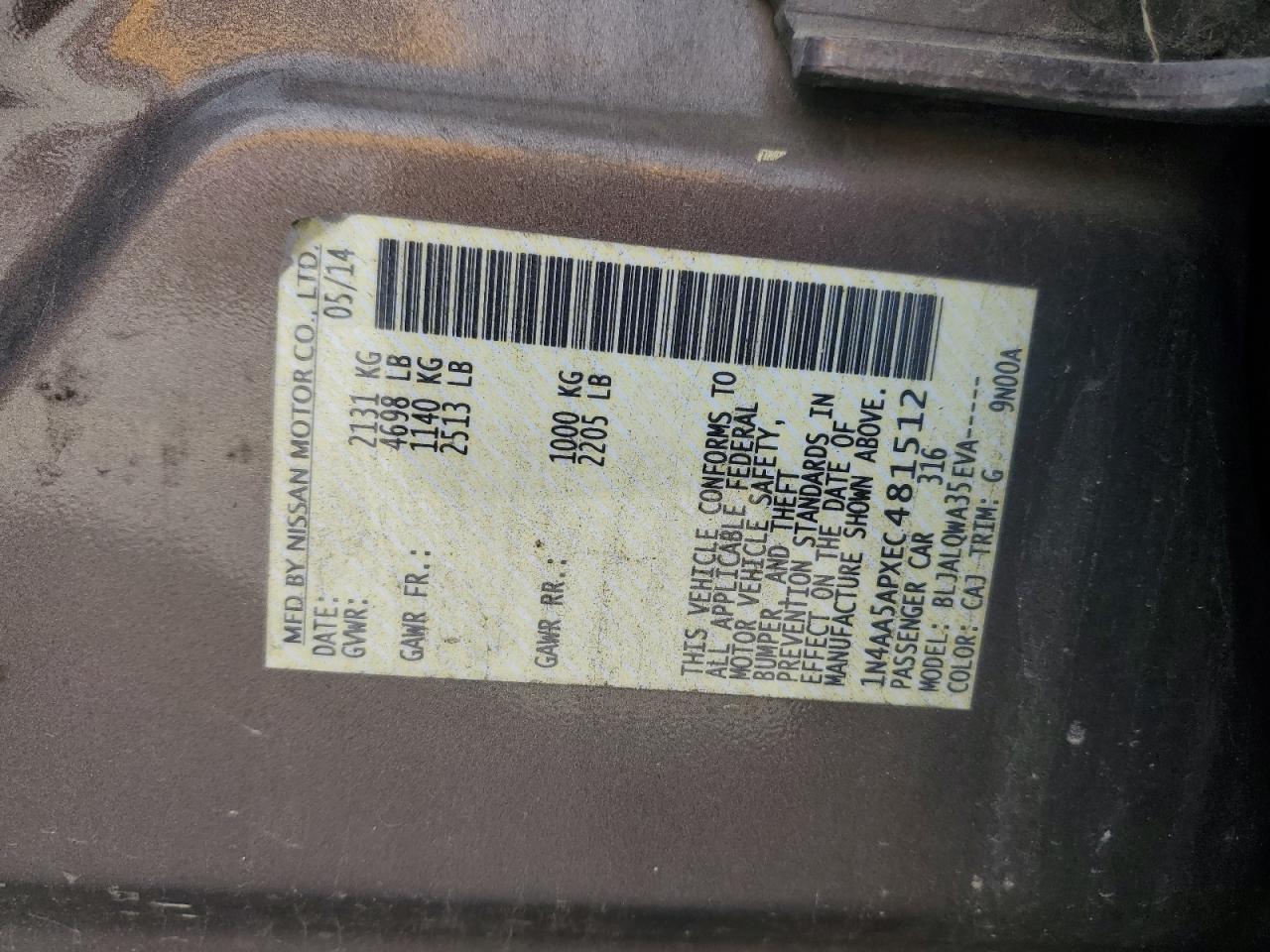 2014 Nissan Maxima S VIN: 1N4AA5APXEC481512 Lot: 82631625
