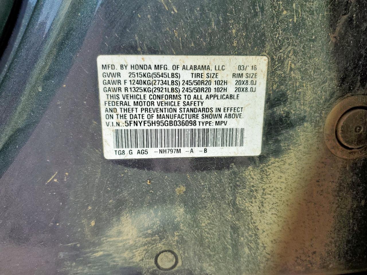 2016 Honda Pilot VIN: 5FNYF5H95GB036098 Lot: 82371325