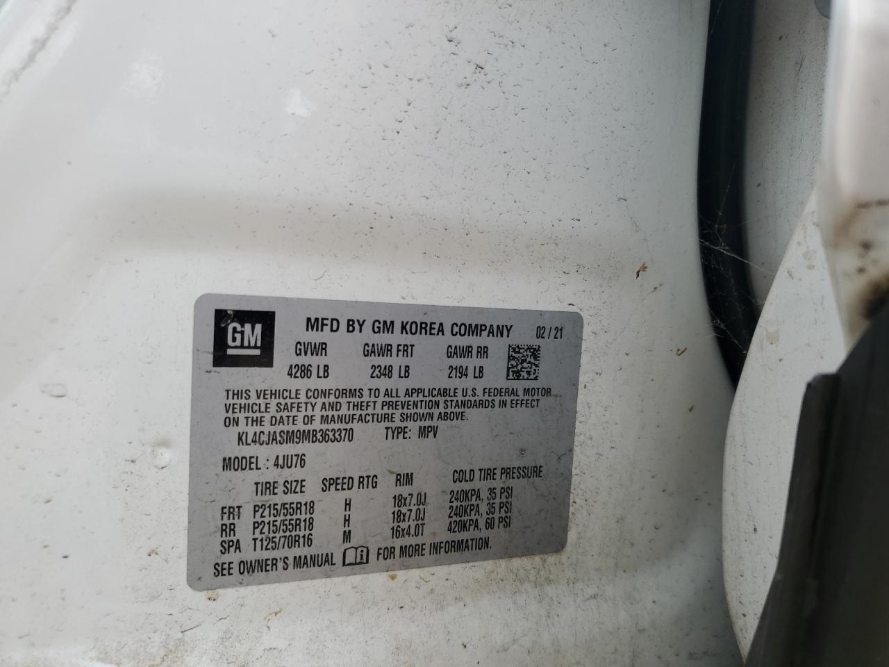 2021 Buick Encore Preferred VIN: KL4CJASM9MB363370 Lot: 86884675