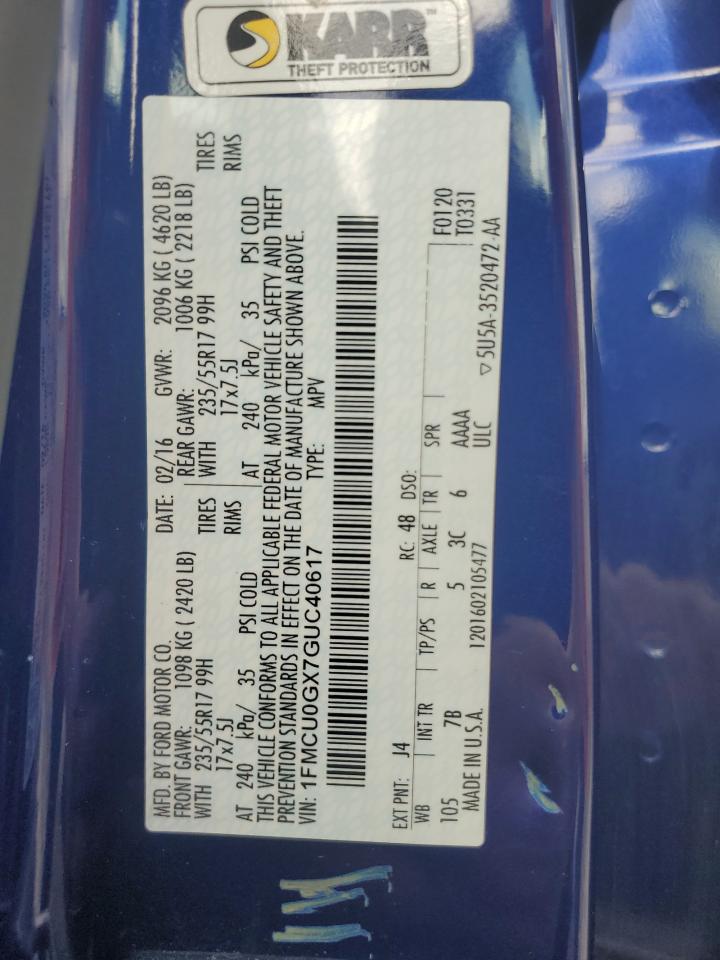 2016 Ford Escape Se VIN: 1FMCU0GX7GUC40617 Lot: 85597415