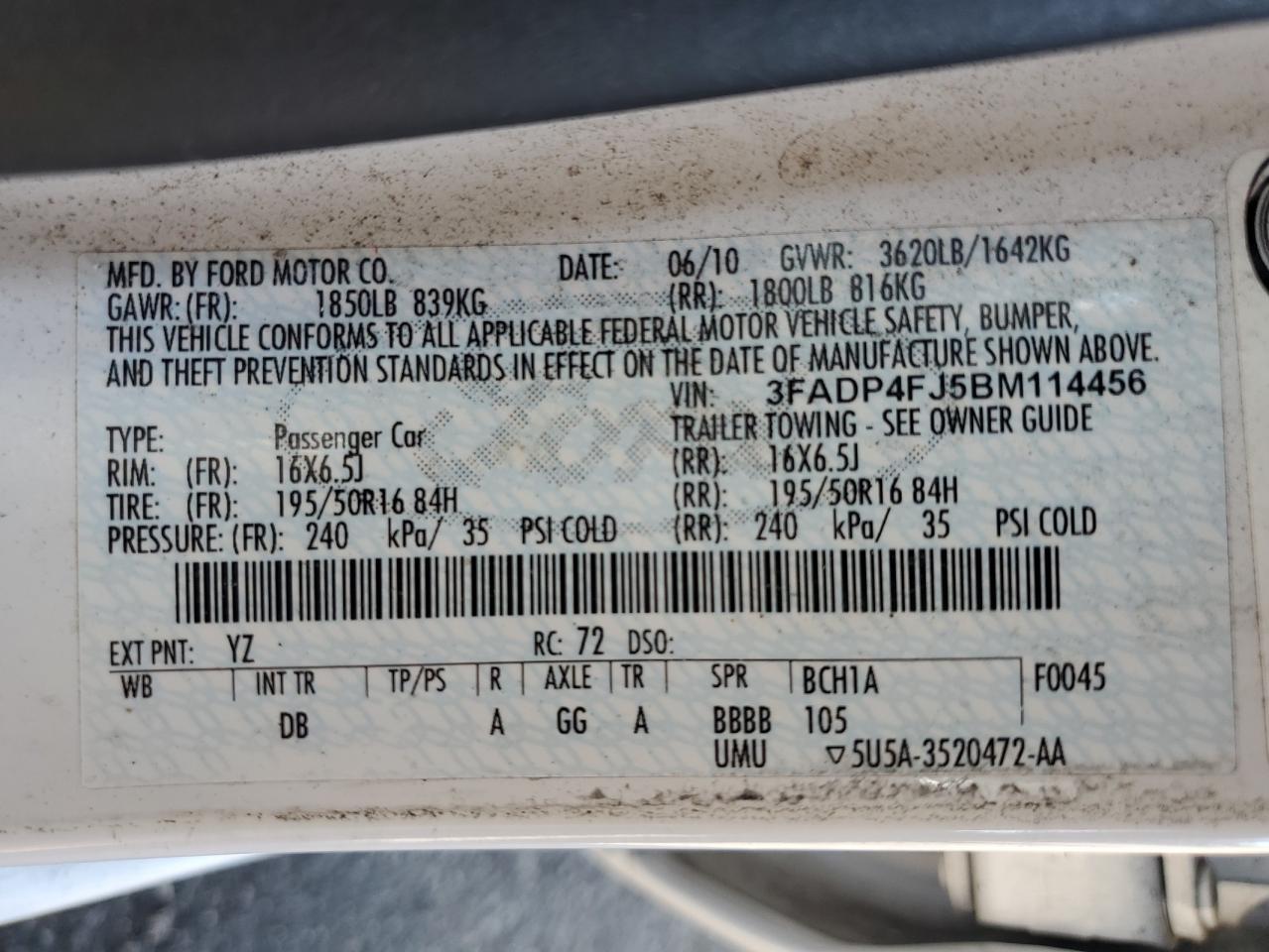 2011 Ford Fiesta Ses VIN: 3FADP4FJ5BM114456 Lot: 81832935