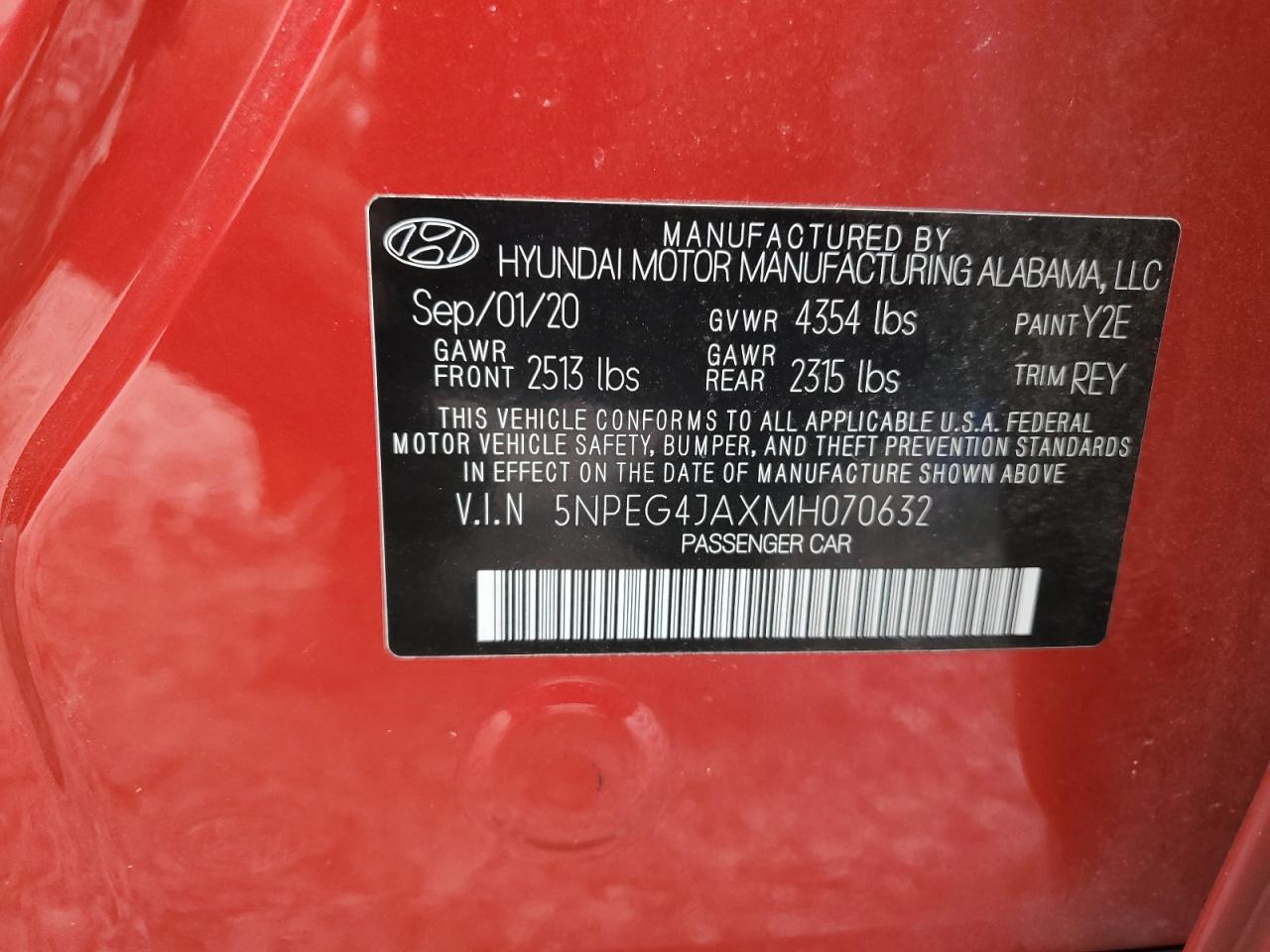 2021 Hyundai Sonata Se VIN: 5NPEG4JAXMH070632 Lot: 86284605