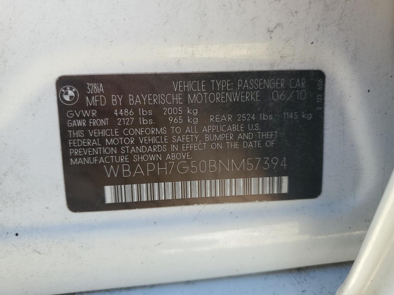 2011 BMW 328 I VIN: WBAPH7G50BNM57394 Lot: 83946505