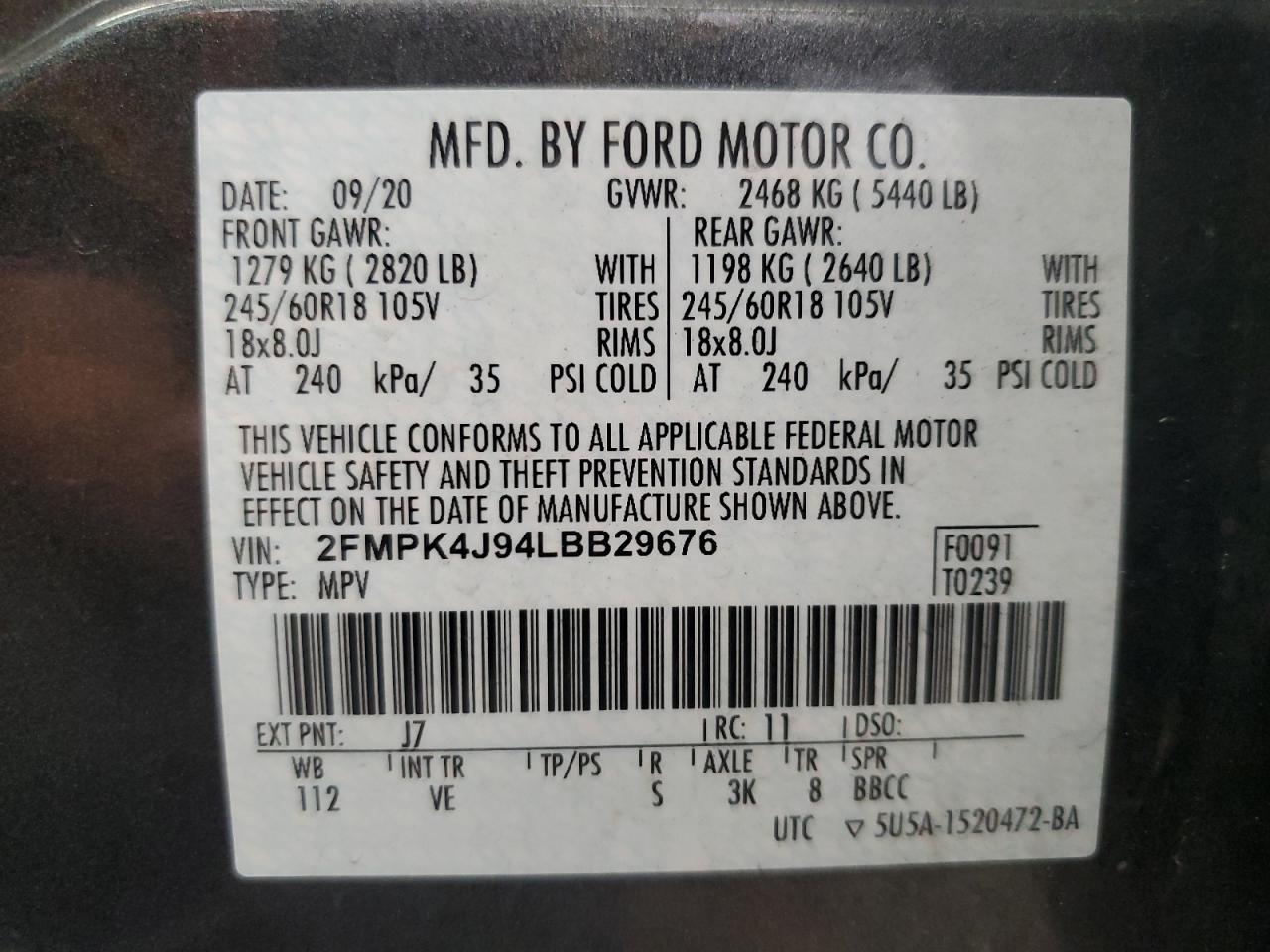 2020 Ford Edge Sel VIN: 2FMPK4J94LBB29676 Lot: 82713635