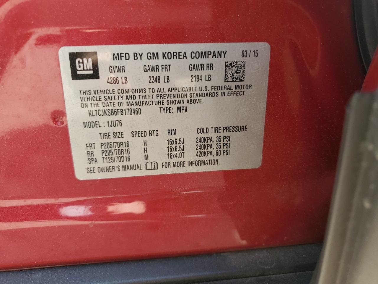 2015 Chevrolet Trax Ls VIN: KL7CJKSB6FB170460 Lot: 84482525