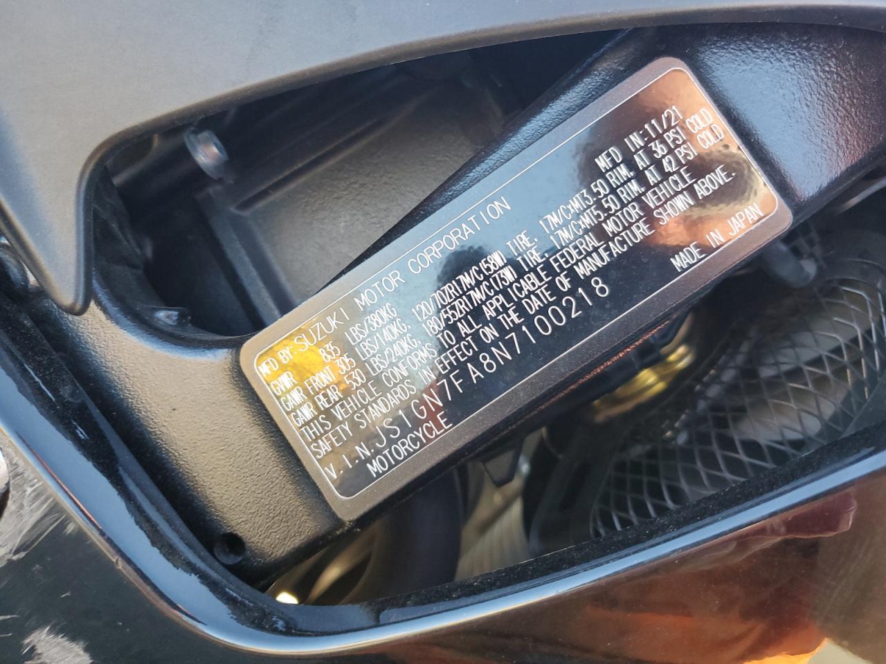 2022 Suzuki Gsx-R600 VIN: JS1GN7FA8N7100218 Lot: 85832725