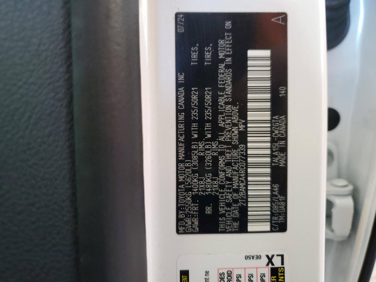 2024 Lexus Rx 350 Base VIN: 2T2BAMCA4RC077339 Lot: 89524825