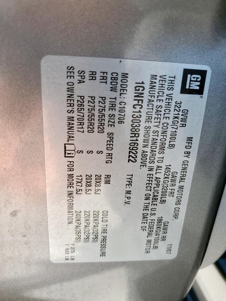 2008 Chevrolet Tahoe C1500 VIN: 1GNFC13038R169222 Lot: 82784935