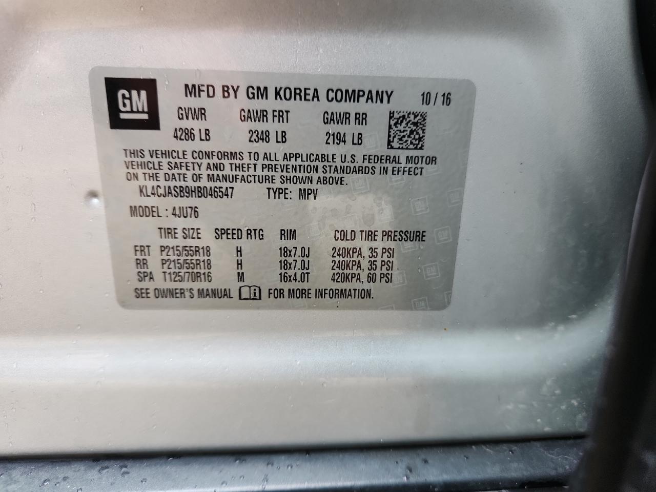 2017 Buick Encore Preferred VIN: KL4CJASB9HB046547 Lot: 90427065