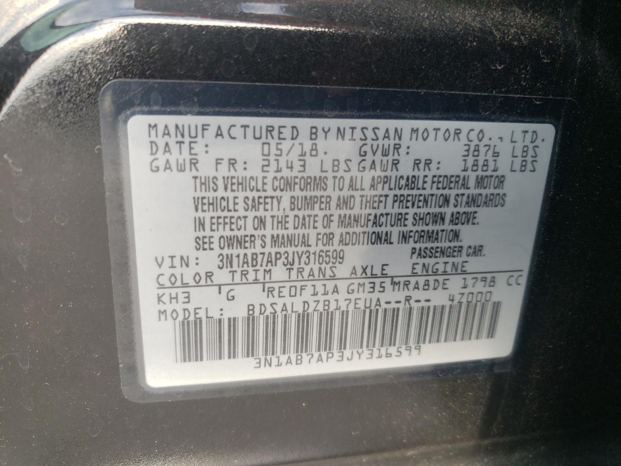 2018 Nissan Sentra S VIN: 3N1AB7AP3JY316599 Lot: 81943935