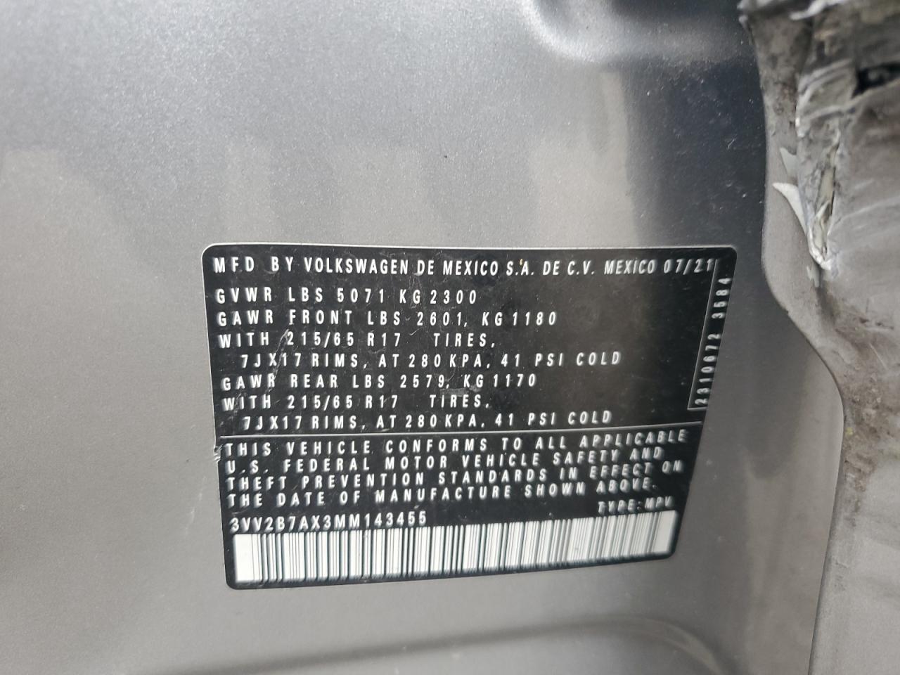 2021 Volkswagen Tiguan Se VIN: 3VV2B7AX3MM143455 Lot: 85911045